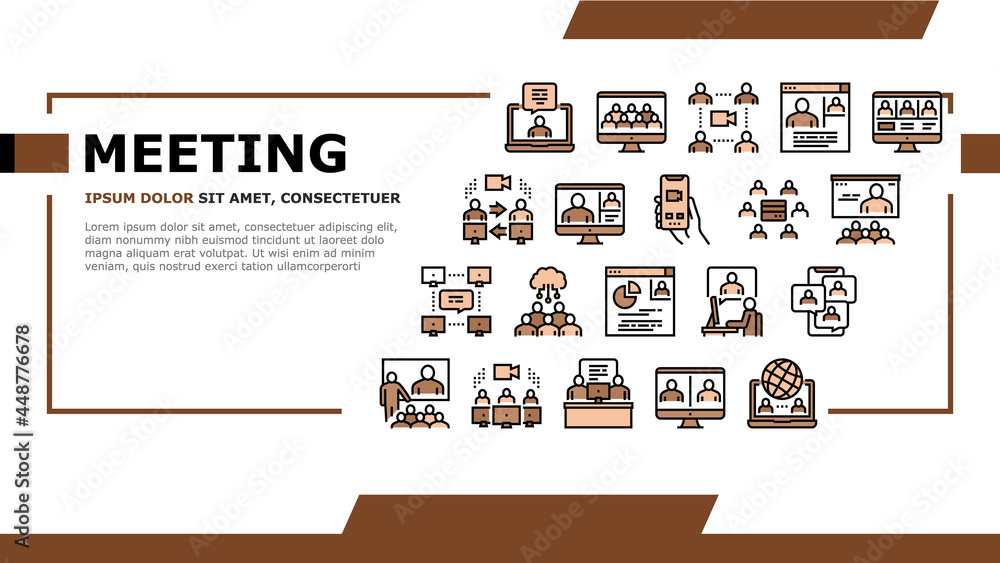 Poster online video meeting landing web page header banner template vector. meeting and conference, present
