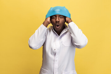 Portrait of funny doctor, therapeutic or medical advisor at work. Funny meme emotions. Concept of healthcare, care medicine and humor. Close-up