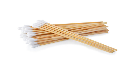Cotton buds wooden stick on white background