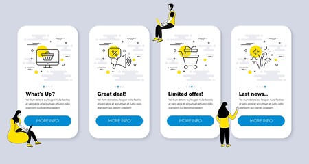 Vector Set of Holidays icons related to Shopping trolley, Web shop and Discounts offer icons. UI phone app screens with people. Fireworks line symbols. Vector