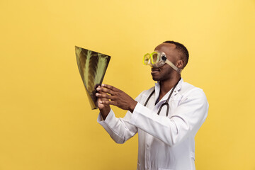 Portrait of funny doctor, therapeutic or medical advisor at work. Funny meme emotions. Concept of...