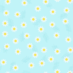 Obraz premium Chamomile pattern. Seamless background with white daisies on green. Pattern for textiles, fabrics, bed linen, wallpaper. Decorative print for design with chamomile and daisies. Vector illustration