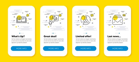 Vector set of Chemistry experiment, Education and Lawyer line icons set. UI phone app screens with line icons. Mail icon. Laboratory flask, Instruction book, Court judge. New messages. Vector