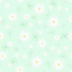 Chamomile pattern. Seamless background with white daisies on green. Pattern for textiles, fabrics, bed linen, wallpaper. Decorative print for design with chamomile and daisies. Vector illustration