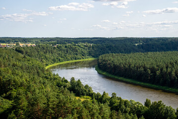 Fototapeta premium Summer landscape on the banks of the green river at dusk. Beautiful green nature.