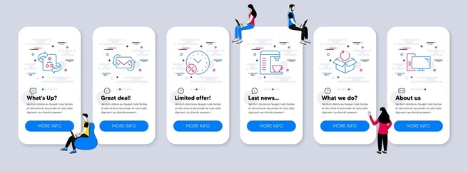 Naklejka premium Technology icons set. UI phone app screens with teamwork. Included icon as Coffee machine, Loan percent, Technical algorithm signs. Return package, Refresh mail, Computer line icons. Vector