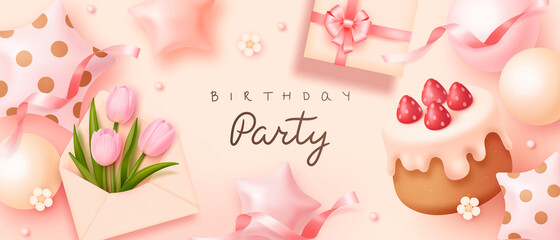 Happy birthday horizontal banner with cartoon helium balloons, birthday cake, envelope, gift box and flowers. 3d realistic style. Vector illustration