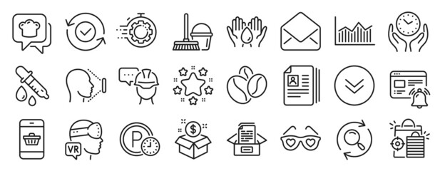 Fototapeta na wymiar Set of line icons, such as Mail, Safe water, Cooking hat icons. Chemistry pipette, Seo shopping, Smartphone buying signs. Documents box, Safe time, Security confirmed. Seo timer, Face id. Vector