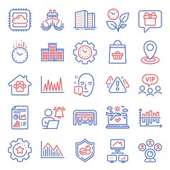 Business icons set. Included icon as Parking garage, Time management, Investment graph signs. Location, Time, Ship symbols. Leaves, Work home, Video conference. Buildings, Vip clients. Vector