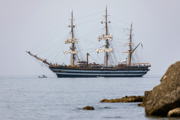 Fototapeta na wymiar Italy. Scauri. The historic sailing ship Amerigo Vespucci.