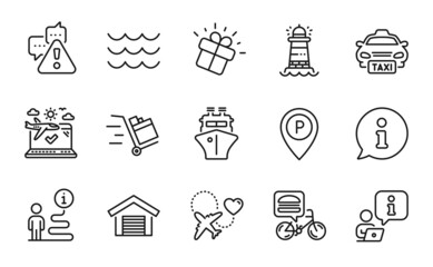 Transportation icons set. Included icon as Warning, Honeymoon travel, Lighthouse signs. Food delivery, Gift, Push cart symbols. Parking garage, Taxi, Waves. Airplane travel, Ship, Parking. Vector