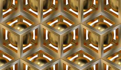 Golden cubes with spheres. Seamless 3D pattern. 3D render. Luxury jewelry. Infinity gold template for business. Concept design. Endless 3D jewelry model. Glossy metal texture. Isolated. White backdrop