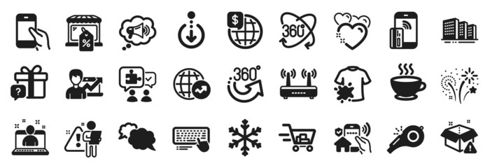 Set of Business icons, such as Fireworks, Full rotation, 360 degrees icons. Wifi, Shopping cart, Secret gift signs. Messenger, Dirty t-shirt, Search employee. Hold smartphone, Scroll down. Vector