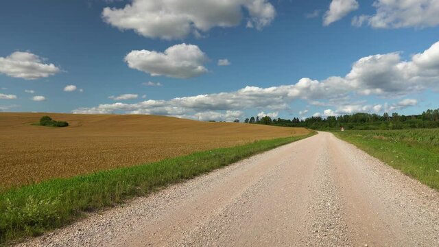 Gravel road between agricultural fields in summer. Wildflowers grow on the side of the road. Blue sky on the horizon with white clouds. Sunny summer warm day in Latvia. The shadow from the cloud moves
