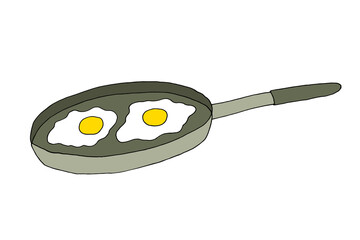 Frying pan with fried eggs. Scrambled eggs. Breakfast. Food. Broken egg. Vector. Doodle. Hand-drawn illustration.