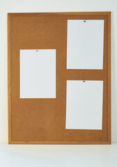  three white sheets of paper pinned on a cork board .