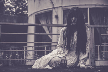 Portrait of asian woman make up ghost,Scary horror scene for background,Halloween festival...