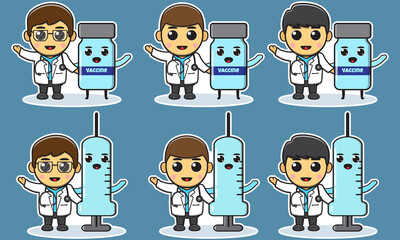 Cute little male doctor with vaccine cartoon. Adorable kids doctor set. Smiling little Boy dressed as doctors vector illustrations.