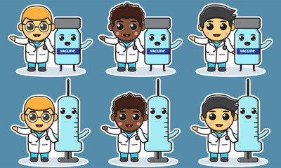 Vector illustrations of cute little male doctor with Vaccine cartoon. Adorable kids doctor set.