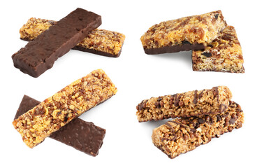 Set with different delicious protein bars on white background
