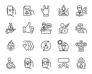 Vector set of Augmented reality, Vaccination appointment and Video conference line icons set. Like hand, Meeting and Family insurance icons. Friends couple, Heart flame and Third party signs. Vector