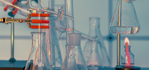 Chemical workplace with test tubes, flasks and other devices