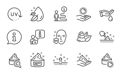 Beauty icons set. Included icon as Sun protection, Uv protection, Skin care signs. Collagen skin, Water drop, Wash hands symbols. Sun cream, Spa stones line icons. Info center line icon. Vector