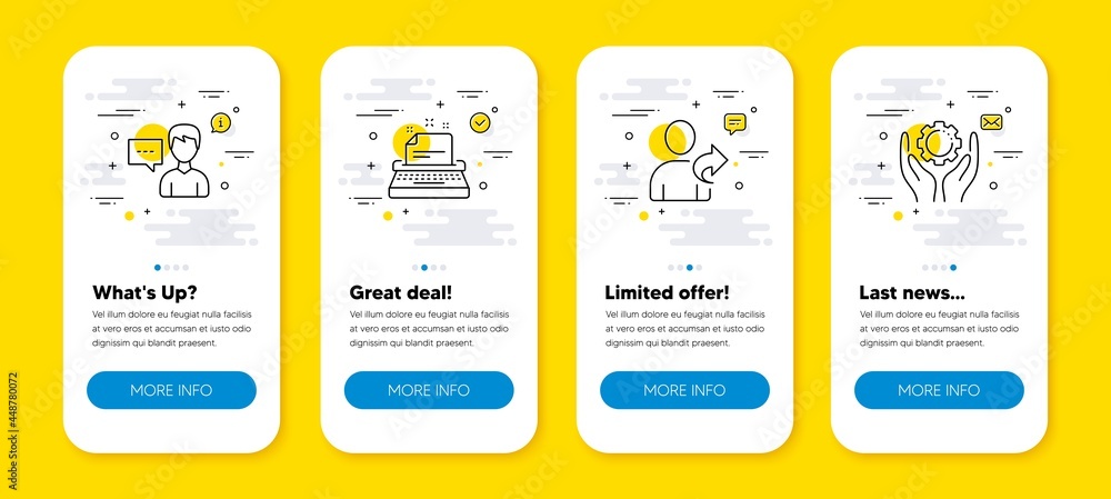 Poster vector set of refer friend, person talk and typewriter line icons set. ui phone app screens with lin