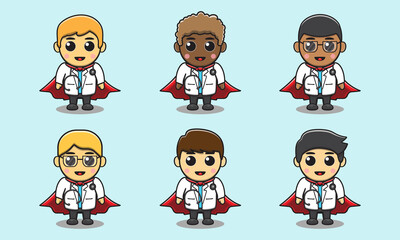 Obraz na płótnie Canvas Cute little male Doctor Hero. Adorable kids doctor set. Smiling little Boy dressed as doctors vector illustrations.