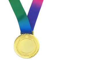 Gold medal with multicolored ribbon isolated on white background, copy space for text.