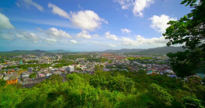 Khao rang hill View point Phuket Thailand On Aug 2021. View of cityscape phuket old town and  blue sky with cloud beautiful in good weather day