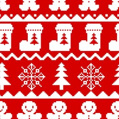 Seamless Christmas pattern with gingerbread, snowflakes, Christmas sock and tree. Design for paper, textiles and decor. Vector illustration.