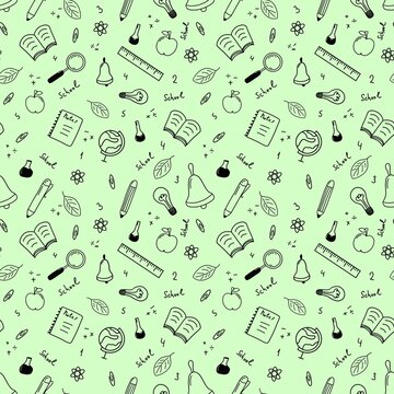 Seamless linear pattern with school subjects.  . The illustration is drawn with live lines by hand in the doodle style. Design for clothing fabric and other items.