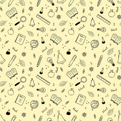 Seamless linear pattern with school subjects.  . The illustration is drawn with live lines by hand in the doodle style. Design for clothing fabric and other items.
