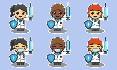 Cute little Female doctor knight with Vaccine sword. Adorable kids doctor set. Smiling little Girl dressed as doctors.