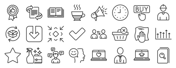 Set of line icons, such as Web love, Load document, Engineer icons. Good mood, Doppio, Washing cloth signs. Marketing, Delete purchase, Megaphone. Clock, Minimize, Conversation messages. Vector