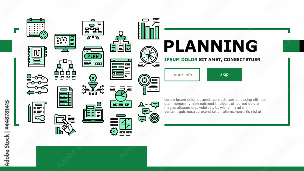 Poster planning work process landing web page header banner template vector. planning business project and 