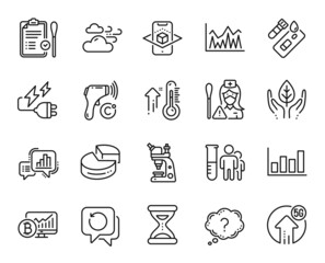 Vector set of Question mark, Report diagram and Augmented reality line icons set. Bitcoin chart, Pie chart and Nurse icons. Time, Electricity plug and Covid test signs. Vector