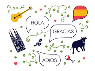 Set of traditional Spain culture symbols, objects and bubble speeches