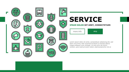 Public Service Signs Landing Web Page Header Banner Template Vector. Bus Stop And Parking, Police And Ambulance, Wifi Internet And Shop, Goverment And Bank Service Illustration