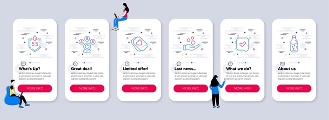Set of Business icons, such as Love ticket, Video conference, Confirmed icons. UI phone app screens with teamwork. Donation money, Ph neutral, Water bottle line symbols. Vector
