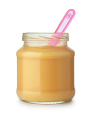 Front view of baby carrot and pumpkin puree in glass jar