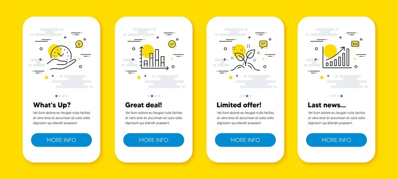 Vector set of Diagram graph, Safe time and Startup concept line icons set. UI phone app screens with line icons. Graph chart icon. Presentation chart, Management, Launch project. Growth report. Vector