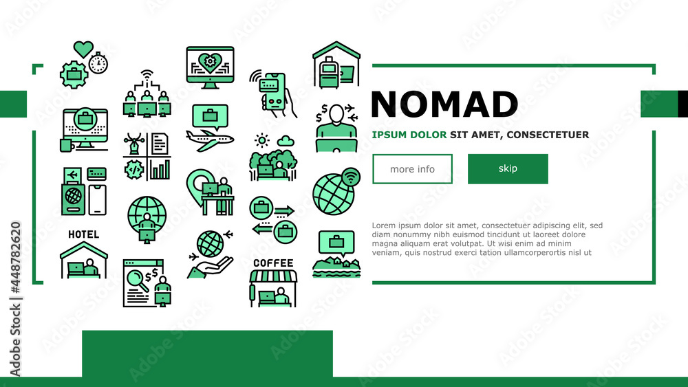 Poster digital nomad worker landing web page header banner template vector. freelancer nomad remote work an
