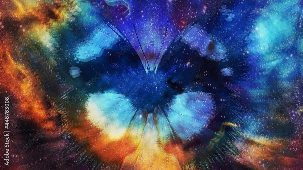 Aufkleber illustration of a butterfly in cosmic space. mixed media, abstract color background.
