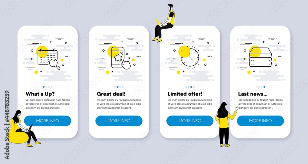 Poster vector set of technology icons related to search calendar, star rating and time icons. ui phone app 