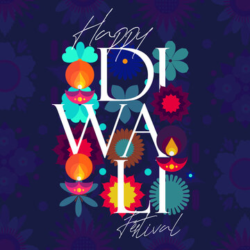 Happy Diwali. Indian festival of lights. Deepavali or Dipavali. Vector flat  illustration and lettering. Holiday background for branding, card, banner, cover, flyer or poster.