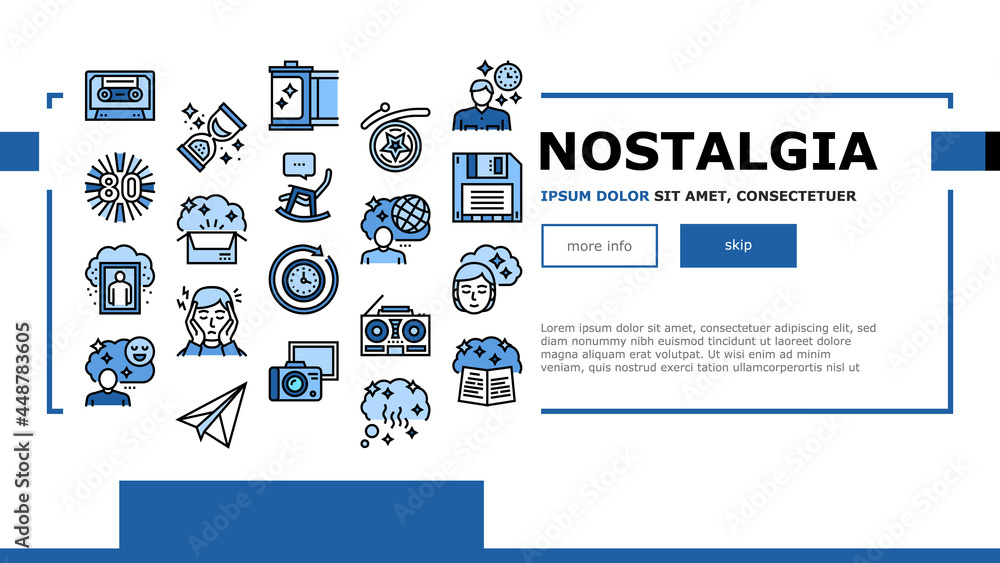 Poster nostalgia and memory landing web page header banner template vector. retro music cassette and photo 