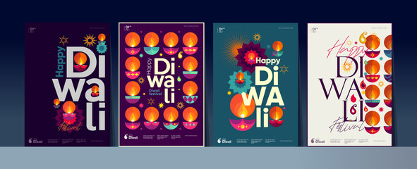 Happy Diwali. Deepavali or Dipavali. Indian festival of lights. Set of vector illustrations and lettering. Holiday background for branding, card, banner, cover, flyer or poster.