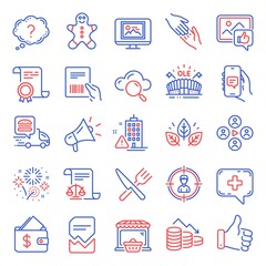 Business icons set. Included icon as Like hand, Gingerbread man, Helping hand signs. Certificate, Photo thumbnail, Online market symbols. Building warning, Sports arena, Money loss. Food. Vector